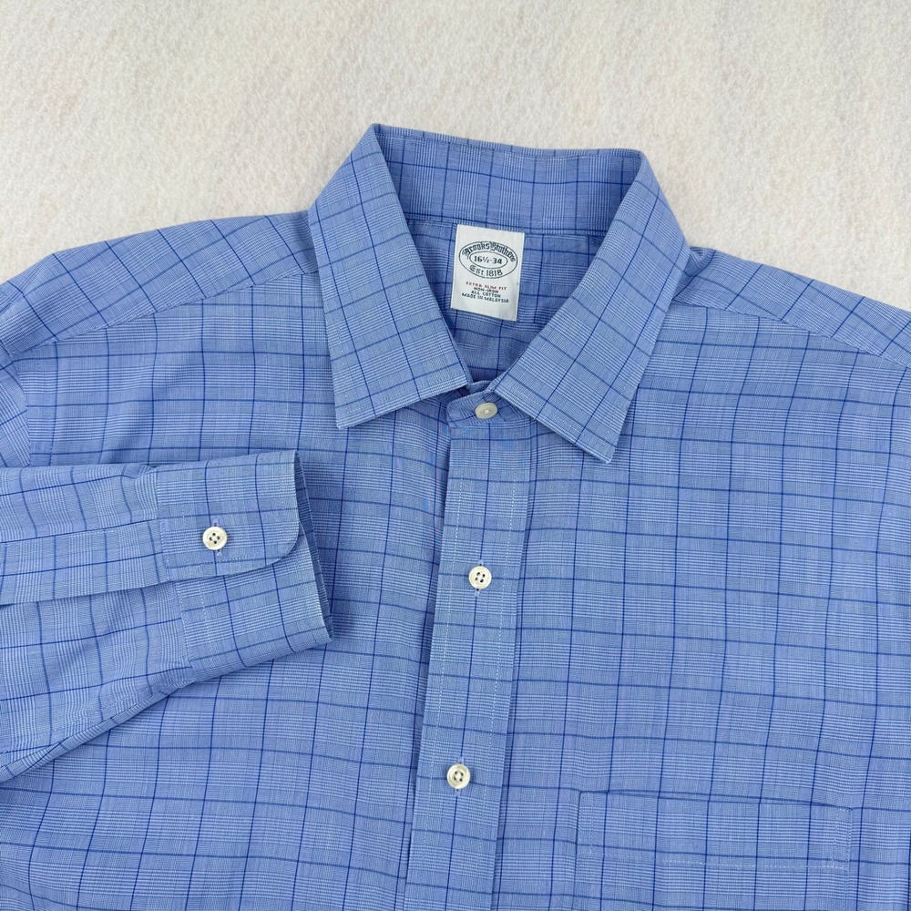 Brooks Brothers Mens Extra Slim Fit Non-Iron Dress Shirt 16.5-34 Blue Plaid
